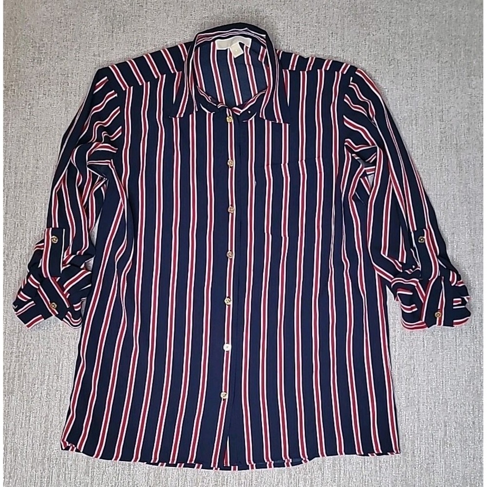 Michael Kors Women's Small Button Up Blouse Shirt Red White Blue Stripes Collar